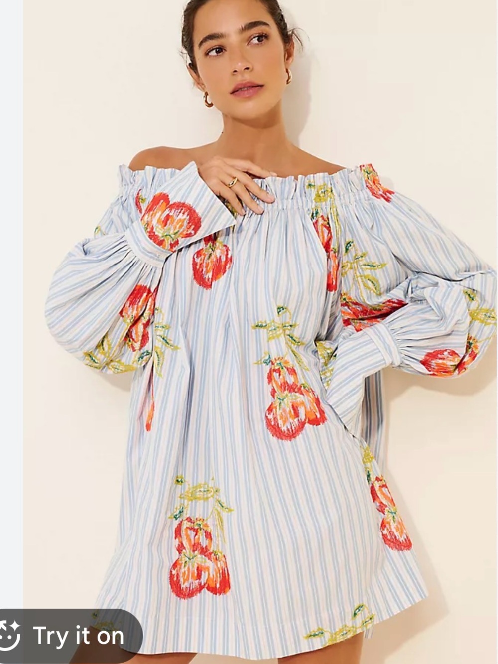 Off-Shoulder Floral Stripe Mini Dress — Light Blue & Red
